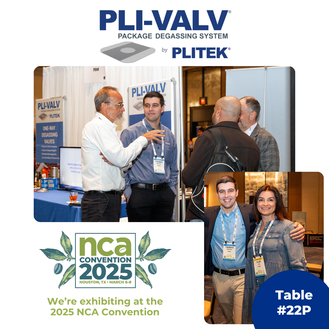 PLI-VALV® one-way degassing valves on display at National Coffee Association Convention. The valves apply to coffee packaging to preserve freshness and quality.