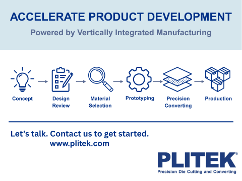 PLITEK®'s vertically integrated precision converting manufacturing along with expert engineering and manufacturing teams help customers enhance the product environment. Our vertically integrated solution approach is rooted in the expertise of a multidisciplinary team. They ensure that every aspect of the design is optimized for manufacturability and functionality development process. We combine expert design assistance, material selection guidance, and rapid prototyping within a vertically integrated manufacturing Die cutting, rotary die cutting, Precision converting, clean room die cutting, adhesive lamination, release liners, medical tape, adhesive die cutting, adhesive tape, double sided tape, medical film, contract converting